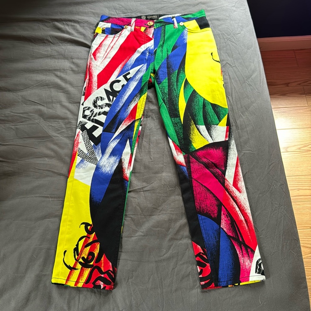 Versace multi-color logo jeans (same style as Gigi Hadid!)